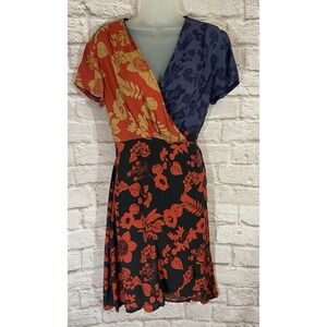 Desigual 42 Medium Patchwork Floral True Wrap Dress Lined Boho Hippie Cottage